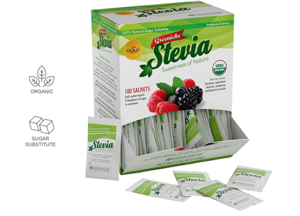 Greeniche - Individual Stevia Sachets - 100% Natural Sugar Substitute | 100 Sachets