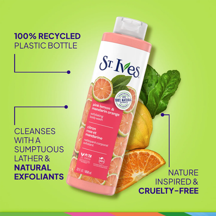 St. Ives - Gel douche exfoliant, Citron rose et mandarine | 650 ml