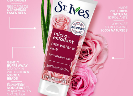 St. Ives - Gommage micro-exfoliant pour peaux sensibles, eau de rose et aloe vera | 170 g