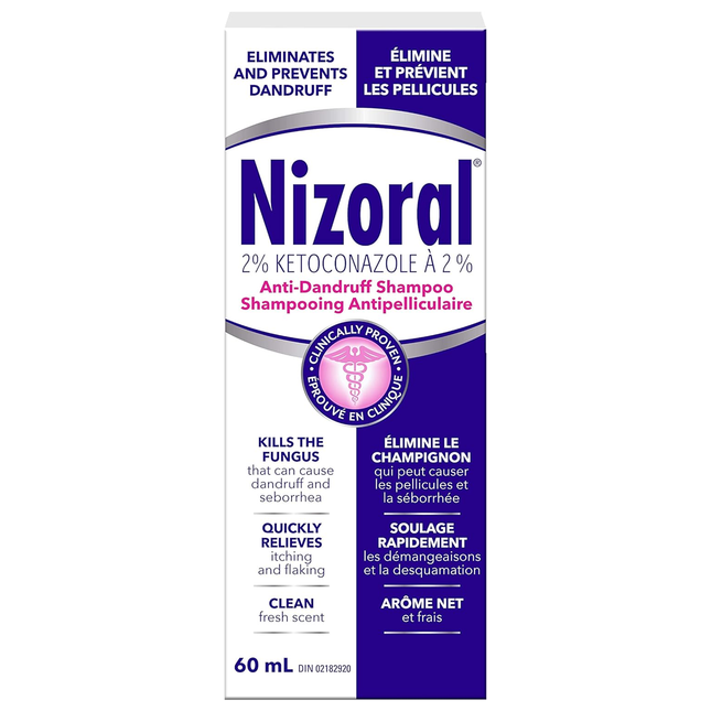 Anti-Dandruff Shampoo, 60 mL bottle, designed to relieve dandruff, reduce flakes, and soothe itchy scalp, with a clean blue and white packaging