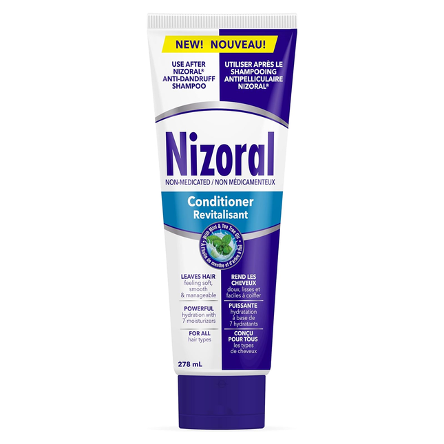 Anti-Dandruff Conditioner white packaging with blue accents, designed to moisturize hair and complement dandruff control routines.