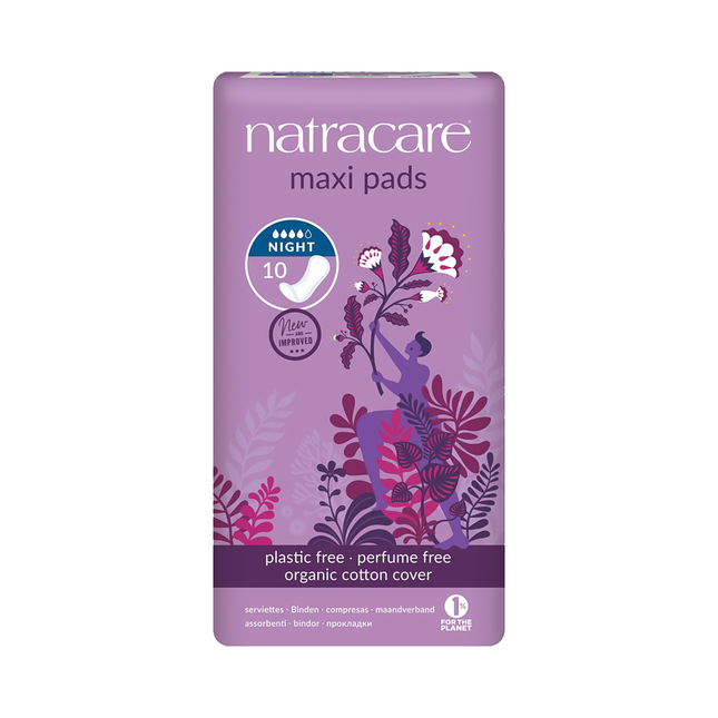 Serviettes hygiéniques maxi en coton biologique NatraCare pour la nuit | 10 serviettes