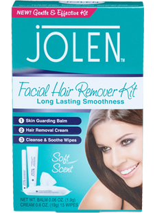 Jolen Facial Hair Remover Kit - Long Lasting Smoothness | 0.06 Oz. Balm, 0.6 Oz Cream & 15 Wipes