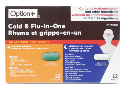 Option+ Pack combiné extra fort rhume et grippe en un | 12 caplets de jour + 12 caplets de nuit