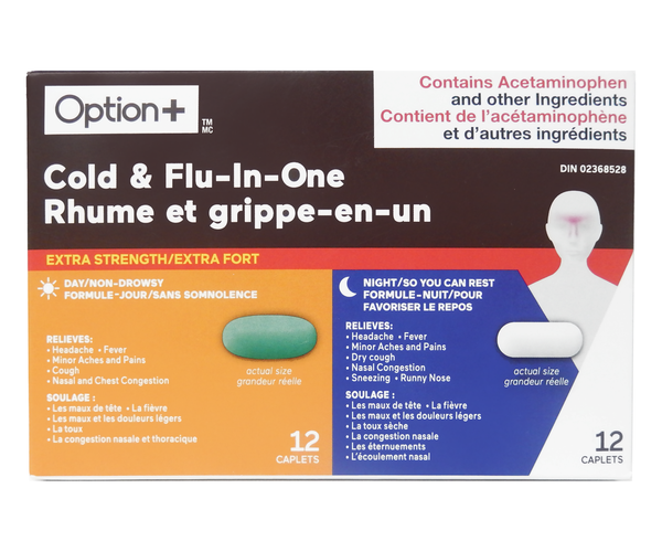 Option+ Extra Strength Cold & Flu In-One Combo Pack | 12 Daytime + 12 ...