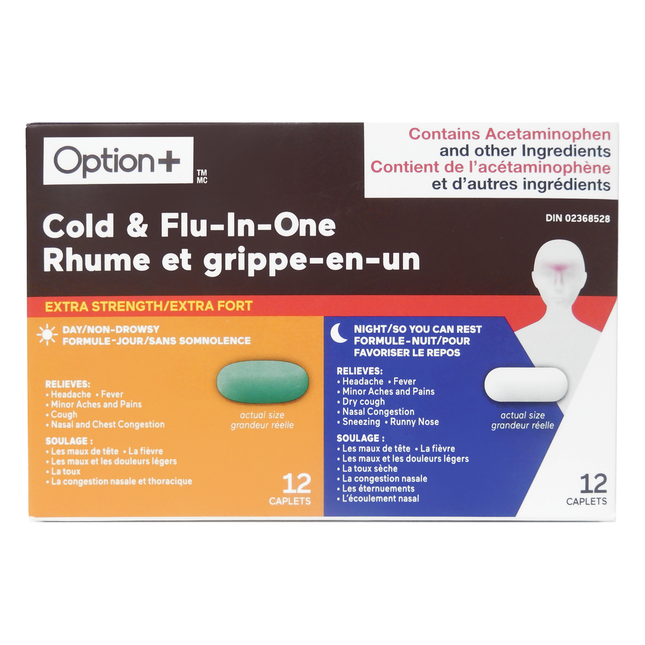 Option+ Extra Strength Cold & Flu In-One Combo Pack | 12 Daytime + 12 Nighttime Caplets