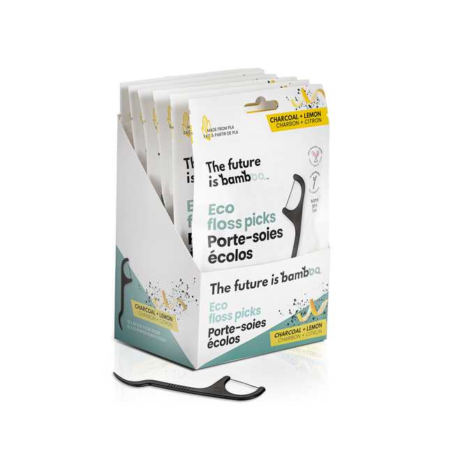 Future Is Bamboo - Floss Picks, Charcoal Lemon | 50Pcs 6 Pk