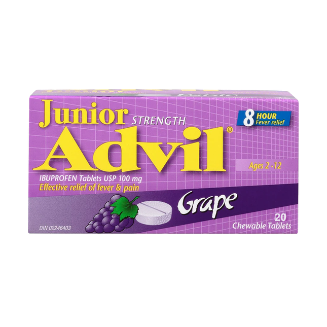 Advil - Junior Strength Fever & Pain Relief Chewable Tablets, Grape Flavour | 20 Tablets