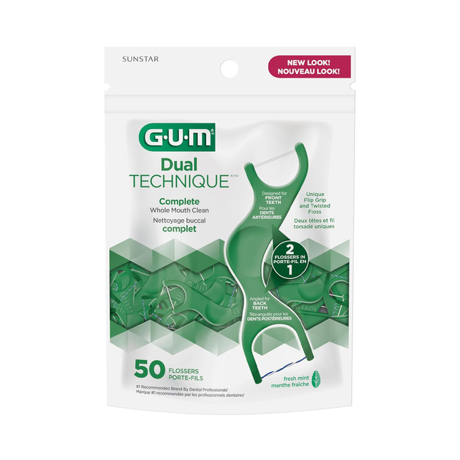 GUM - Fil dentaire 2 en 1 Dual Technique, Menthe fraîche | 50 unités