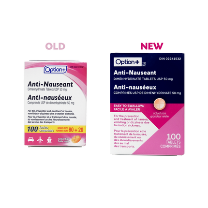 Option+ Comprimés antinauséeux 50 mg | 100 comprimés