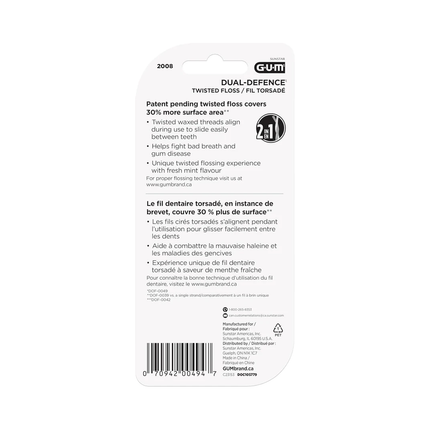 GUM - Fil dentaire torsadé Dual-Defence, Menthe | 2 x 35 m