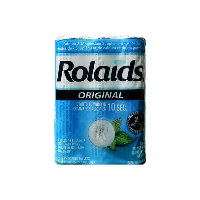 Rolaids - Antiacide original, saveur menthe | 30 comprimés à croquer, 3 rouleaux