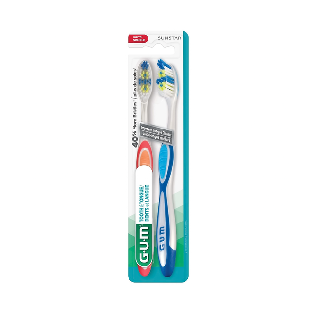 GUM - Brosse à dents pour dents et langue - Poils souples | Paquet de 2 - Couleurs assorties