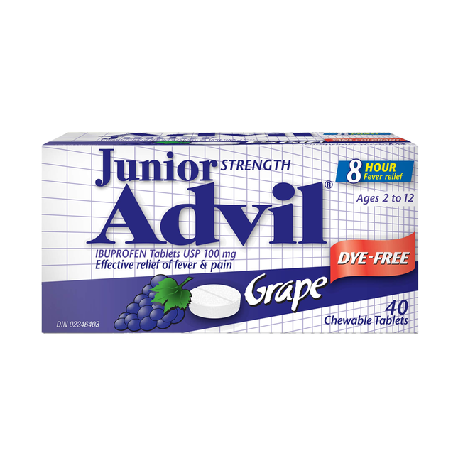 Advil - Junior Strength Ibuprofen Tablets USP 100 mg, Grape Flavour | 40 Chewable Tablets