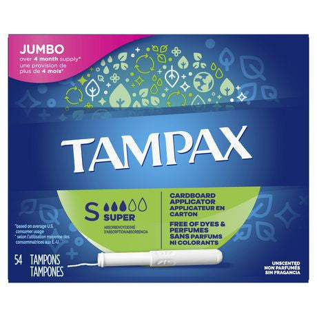 Tampax - Tampons non parfumés avec applicateur en carton - Pack Jumbo - Super Absorption | 54 tampons