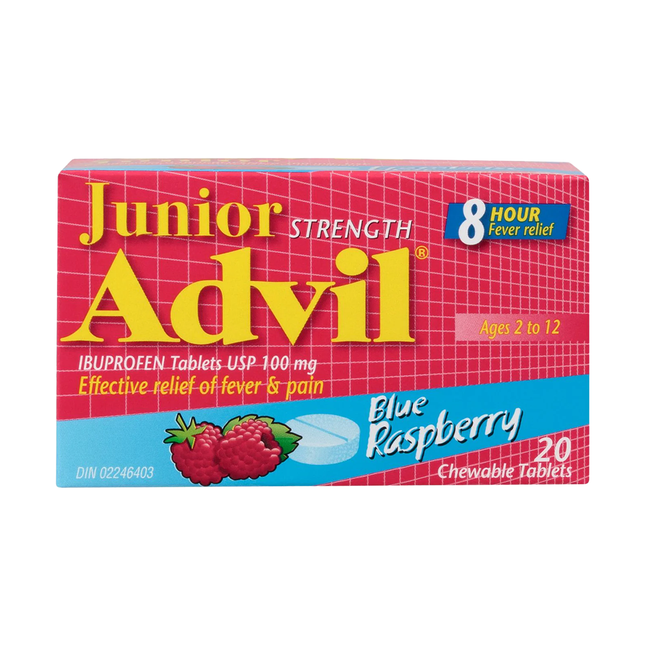 Advil - Comprimés d'ibuprofène USP 100 mg, force junior, framboise bleue | 20 comprimés à croquer