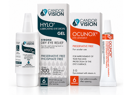Daytime Dry Eye Relief + Nighttime Ointment Routine (CandorVision Hylo Gel 10 ml + Ocunox Eye Ointment 5 g)