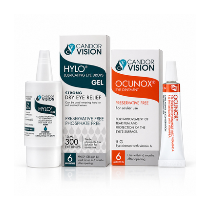 Daytime Dry Eye Relief + Nighttime Ointment Routine (CandorVision Hylo Gel 10 ml + Ocunox Eye Ointment 5 g)