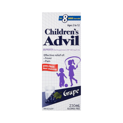 Advil pour enfants - Soulagement de la fièvre, ibuprofène 100 mg/5 ml, pour les enfants de 2 à 12 ans, saveur raisin