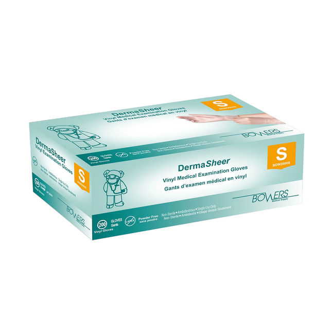 Bowers - DermaSheer Vinyl Medical Examination Gloves, Small | 200 Pack