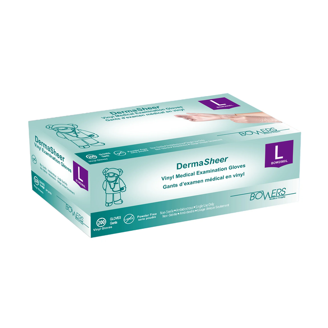 Bowers - DermaSheer Vinyl Medical Examination Gloves, Large | 200 Pack