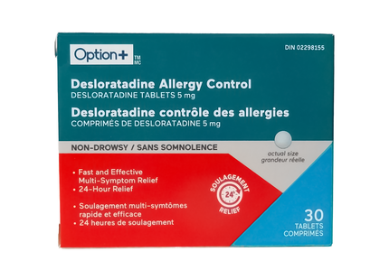 Comprimés de contrôle des allergies Option+ Desloratadine | 30 comprimés