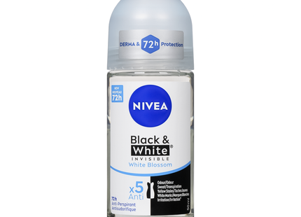 Nivea - Déodorant bille anti-transpirant Black & White Invisible 72H, Fleurs blanches | 50 ml