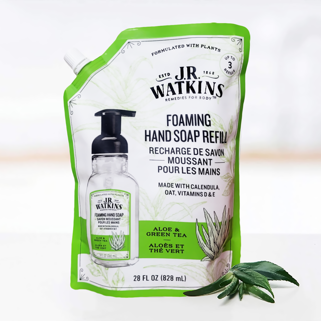 JR Watkins - Recharge de savon moussant pour les mains - Aloès et thé vert | 828 ml