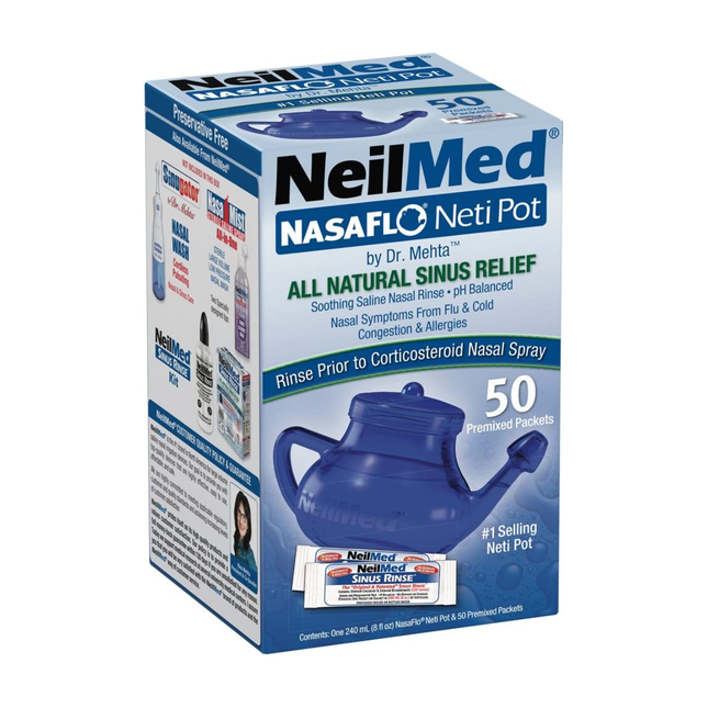 NeilMed - Nasaflo Neti Pot - Soulagement naturel des sinus | 50 paquets prémélangés de rinçage des sinus