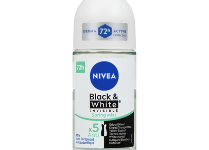 Nivea - Déodorant bille anti-transpirant Black & White Invisible 72H, Brume printanière | 50 ml