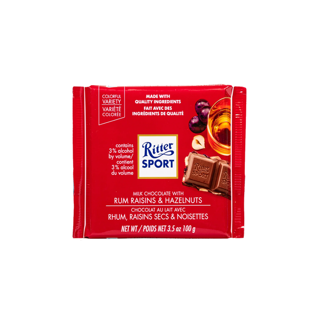 Ritter Sport - Barre de Chocolat au Lait avec Rhum Raisins 7 Noisettes | 100g
