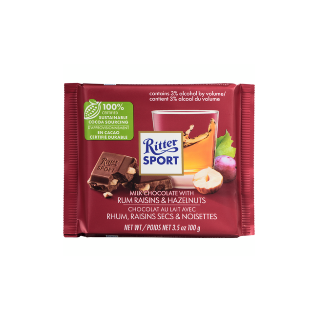 Ritter Sport - Milk Chocolate Bar with Rum Raisins 7 Hazelnuts | 100 g