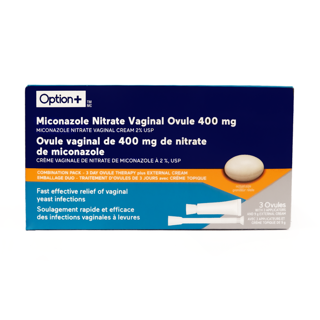 Option+ Miconazole Nitrate Vaginal Ovule 400 mg | 3 Ovules & 3 Applicators & Cream