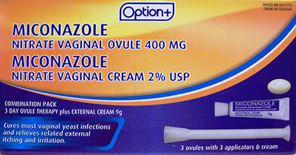 Option+ Miconazole Nitrate Vaginal Ovule 400 mg | 3 Ovules & 3 Applicators & Cream