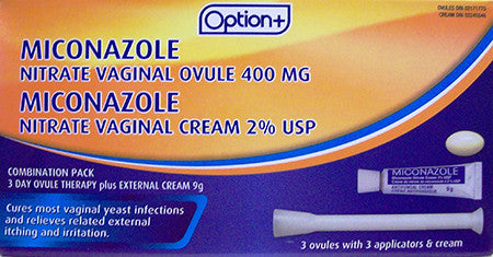 Option+ Miconazole Nitrate Vaginal Ovule 400 mg | 3 Ovules & 3 Applicators & Cream
