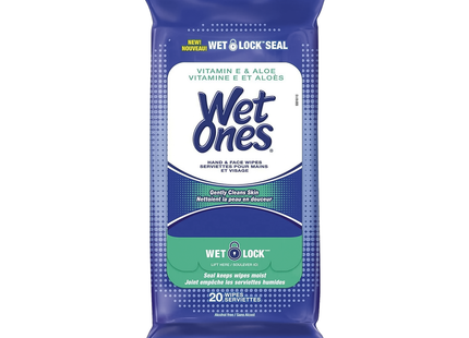 Lingettes nettoyantes pour les mains et le visage Wet Ones à la vitamine E et à l'aloe vera | 20 lingettes