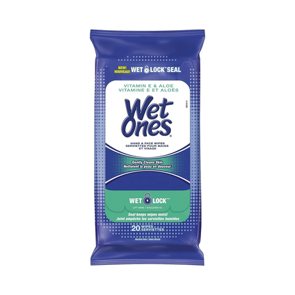 Lingettes nettoyantes pour les mains et le visage Wet Ones à la vitamine E et à l'aloe vera | 20 lingettes