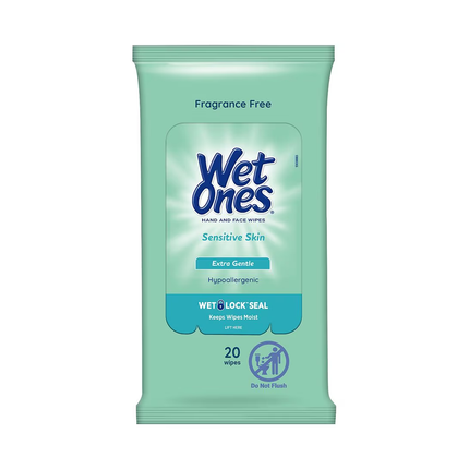 Wet Ones - Hand & Face Wipes for Sensitive Skin, Fragrance Free | 20 Wipes