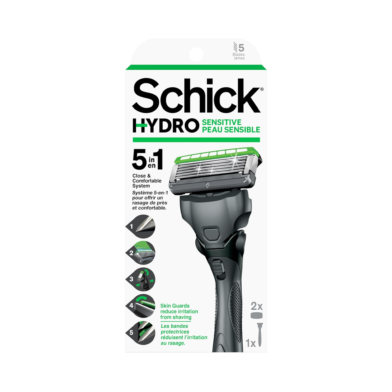 Schick Razor One Time Schick - Hydro Sensitive 5 Blade Razor | 1 Razor & 2 Cartridges – White ...