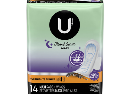 U by Kotex - Clean & Secure Overnight Maxi Pads with Wings | 14 Pads