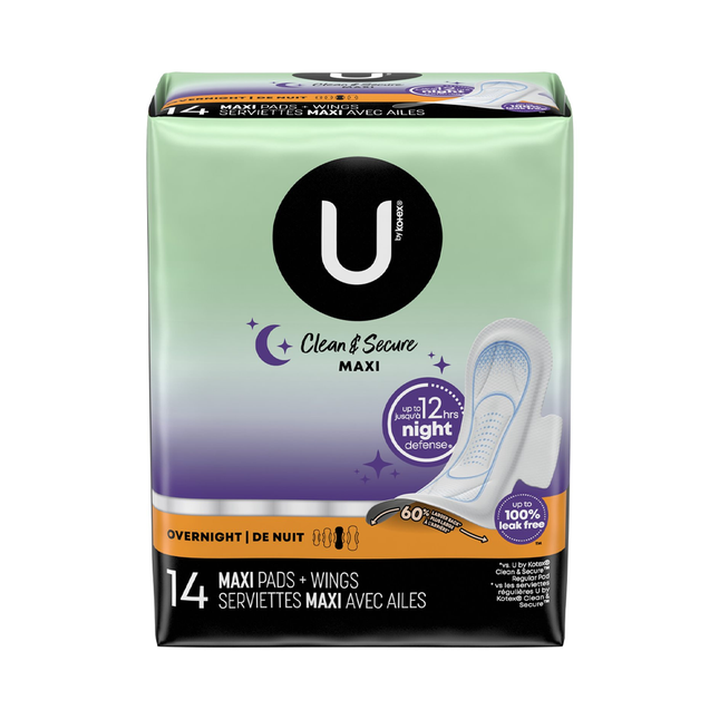 U by Kotex - Clean & Secure Overnight Maxi Pads with Wings | 14 Pads