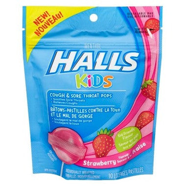 Halls Kids - Sucettes contre le mal de gorge - Saveur fraise | 10 sucettes