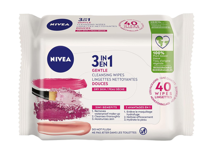 Nivea - Lingettes nettoyantes biodégradables 3 en 1 - pour peau sèche | 40 lingettes