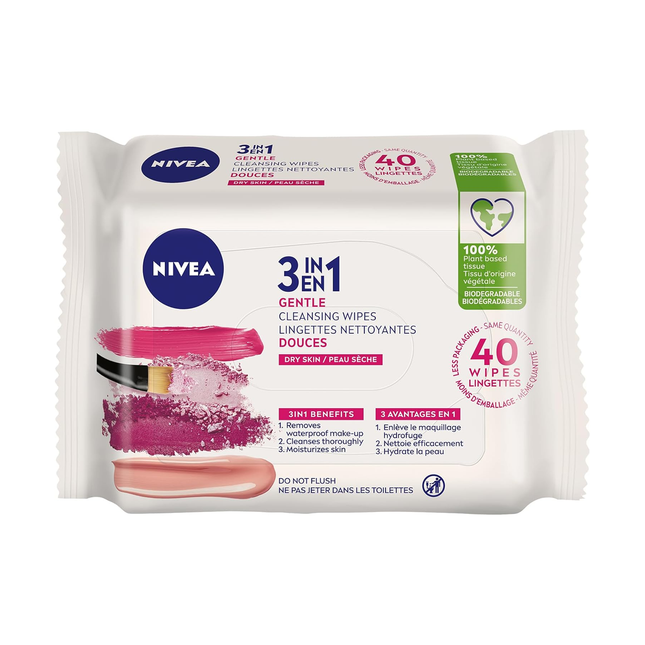 Nivea - Lingettes nettoyantes biodégradables 3 en 1 - pour peau sèche | 40 lingettes