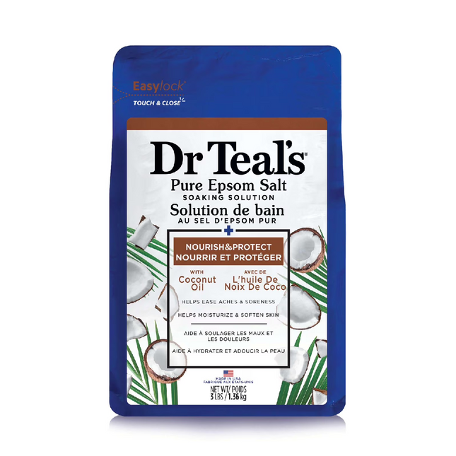 Dr Teal's - Solution de trempage pure au sel d'Epsom à l'huile de noix de coco pour nourrir et protéger la peau | 1,36kg