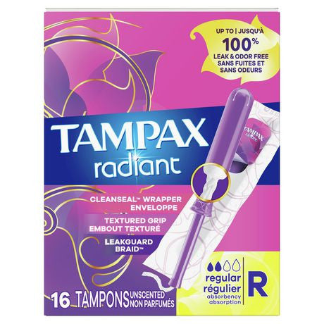 Tampax - Radiant - Unscented Tampons with Plastic Applicators - Regular Absorbency | 16 Tampons