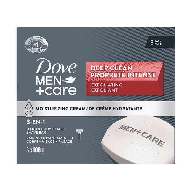 Dove – Pain de toilette exfoliant nettoyant en profondeur Men+Care pour le corps et le visage | 3 x 106 g