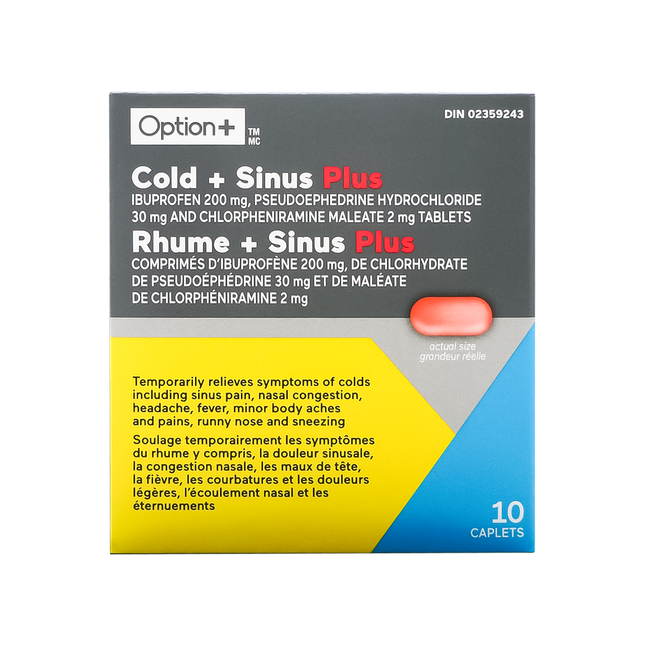 Option+ Soulagement rhume et sinus Plus | 10 caplets