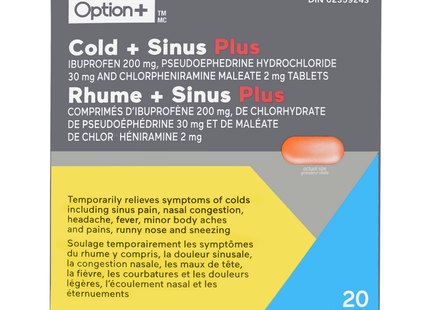 Option+ Rhume + Soulagement des Sinus Plus | 20 comprimés