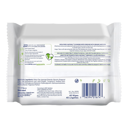 Nivea - Lingettes démaquillantes Pure & Natural, Aloé vera | 40 lingettes